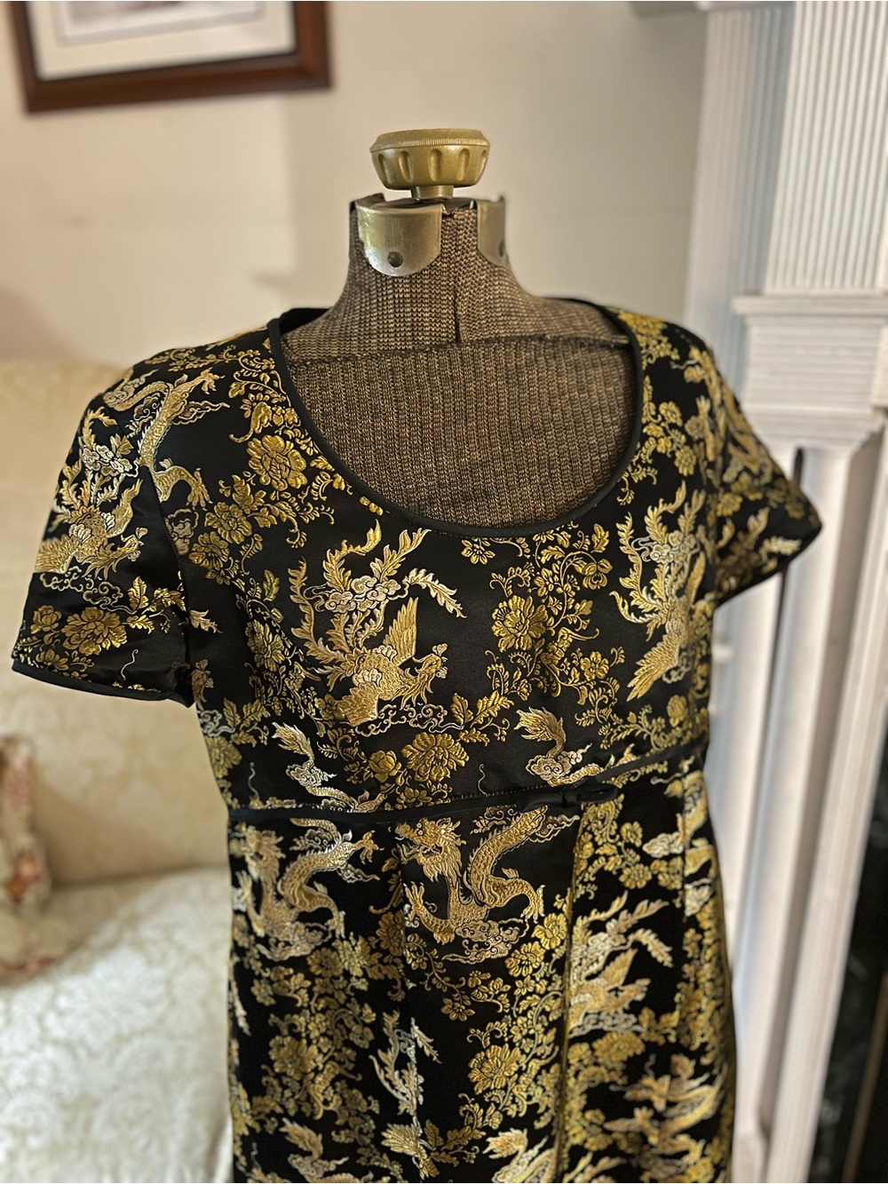 Black Gold Metallic Brocade Dragon Birds Cocktail Dress Vintage Mimi Maternity - Picture 7 of 12